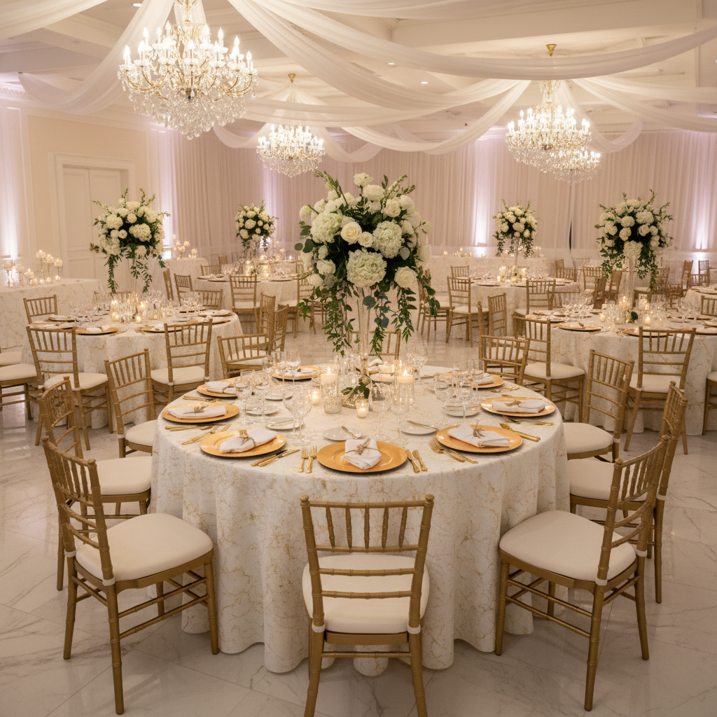 wedding reception indoor with Marble Reversible Jacquard Tablecloth 120" Round  - Gold