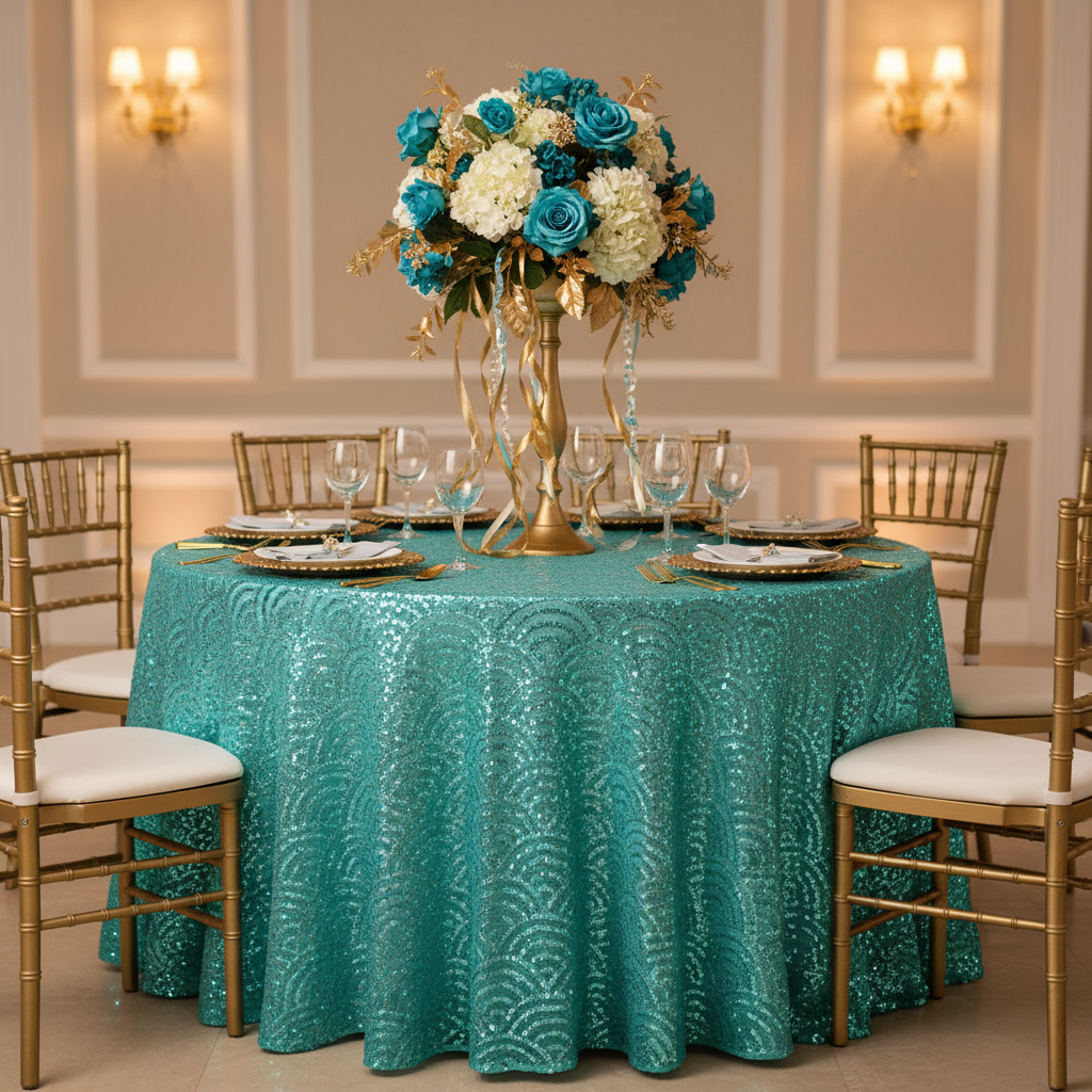 Mermaid Scale Sequin 120" Round Tablecloth - Turquoise with reef gold charger plate | white dinner plate | white napkin | 