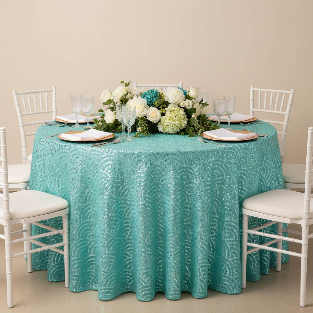 Mermaid Scale Sequin 120" Round Tablecloth - Turquoise with gold charger plate | white napkin | white chiavari chair
