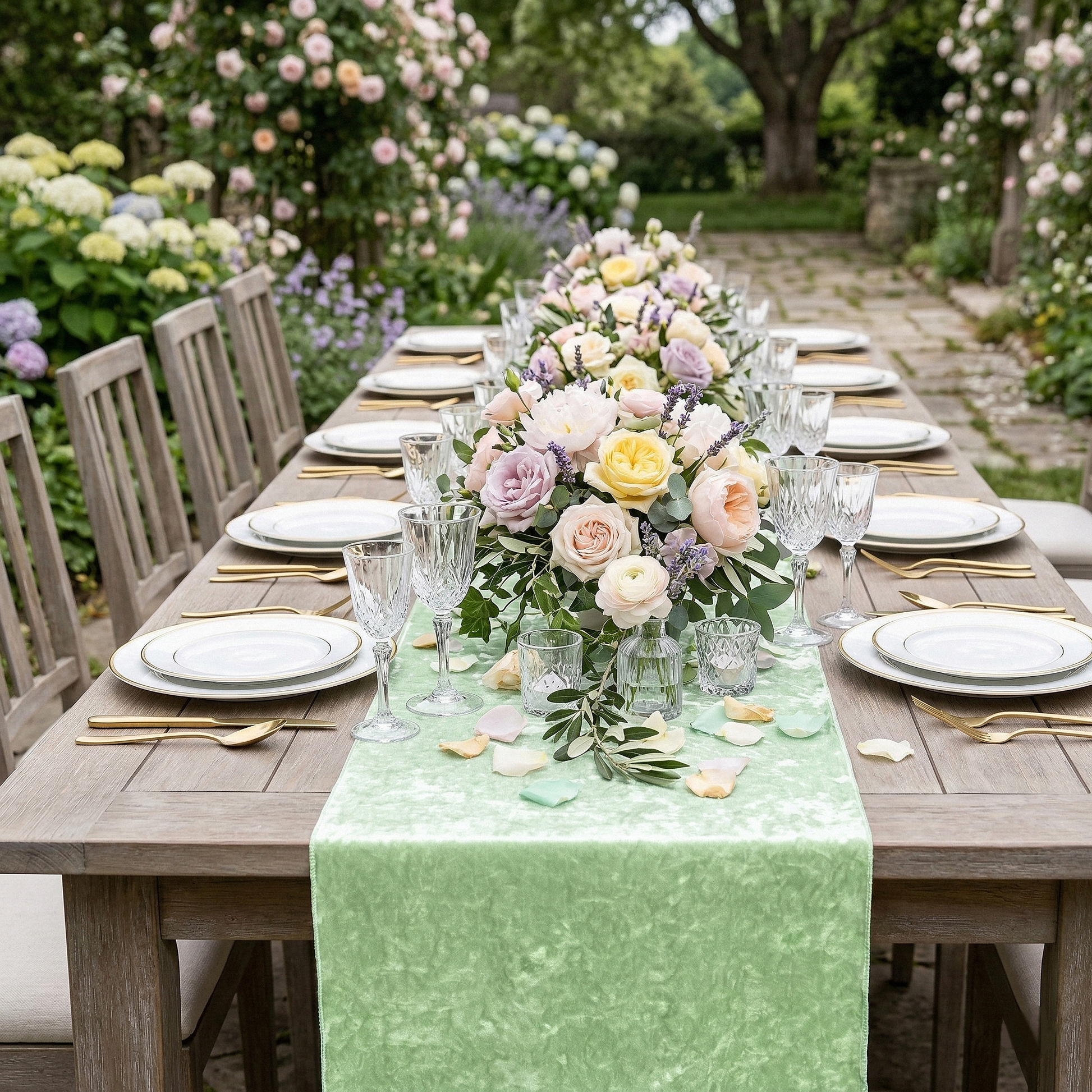 Velvet Table Runner Mint Green outdoor garden setting