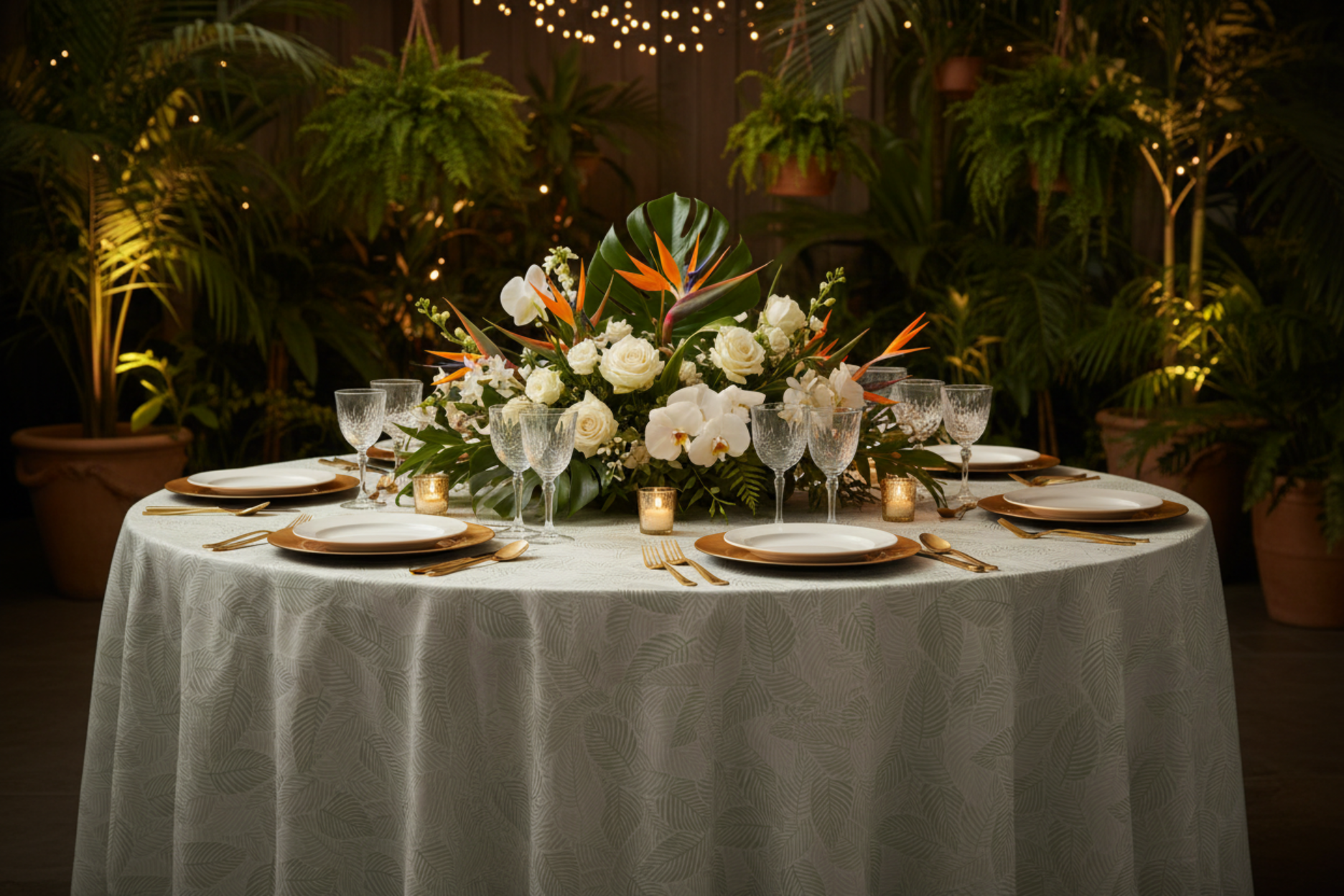 tropical wedding setup with Modern Palm Leaves 120" Round Tablecloth