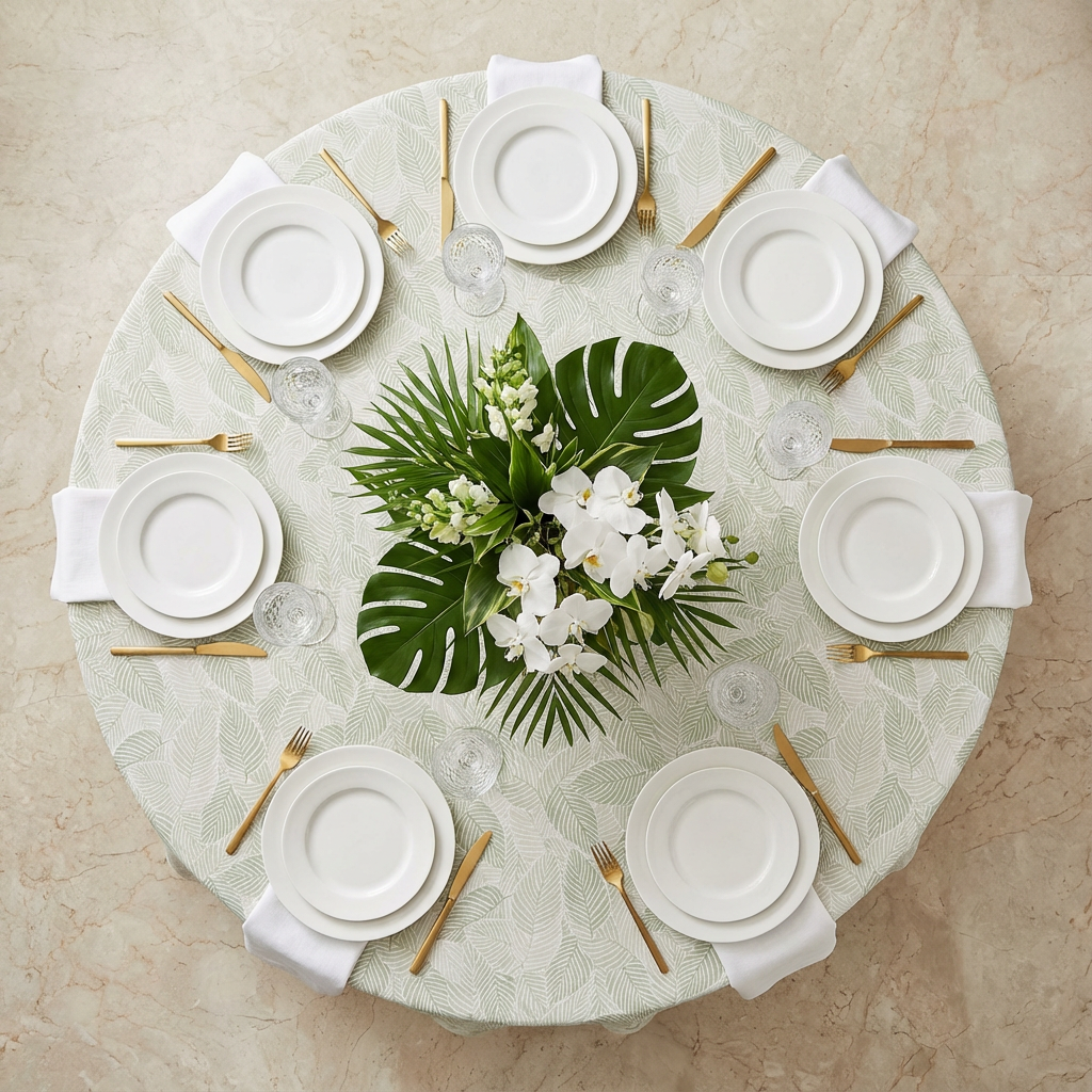 top view setup of Modern Palm Leaves 120" Round Tablecloth
