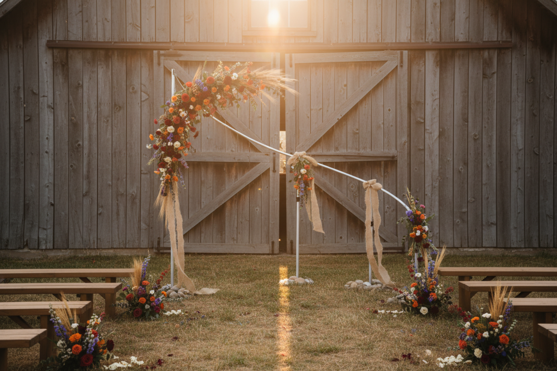 outdoor rustic barn opening celebration with Modern S-Curved Metal Wedding Arch Backdrop Frame