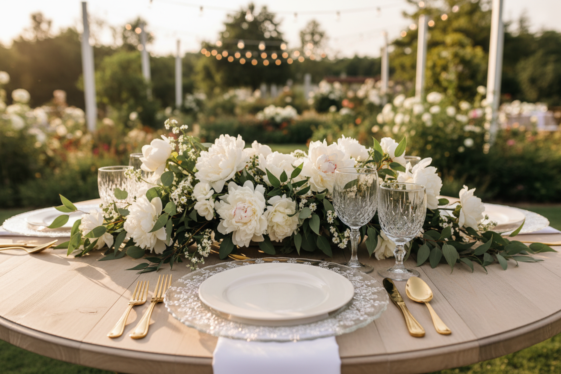 outdoor garden wedding with Monaco Glass Charger Plate - Silver & White