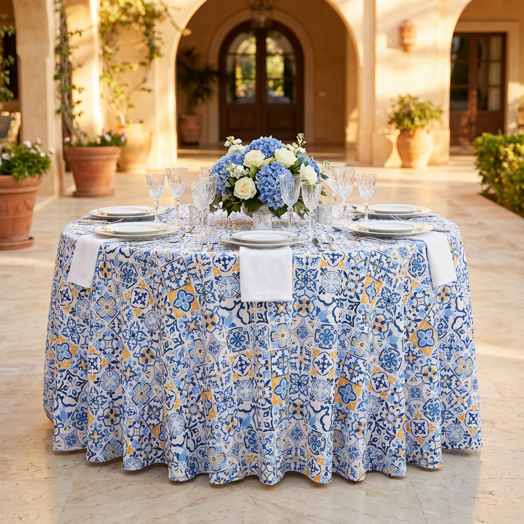 outdoor setup with Morocco Mediterranean 120" Round Tablecloth