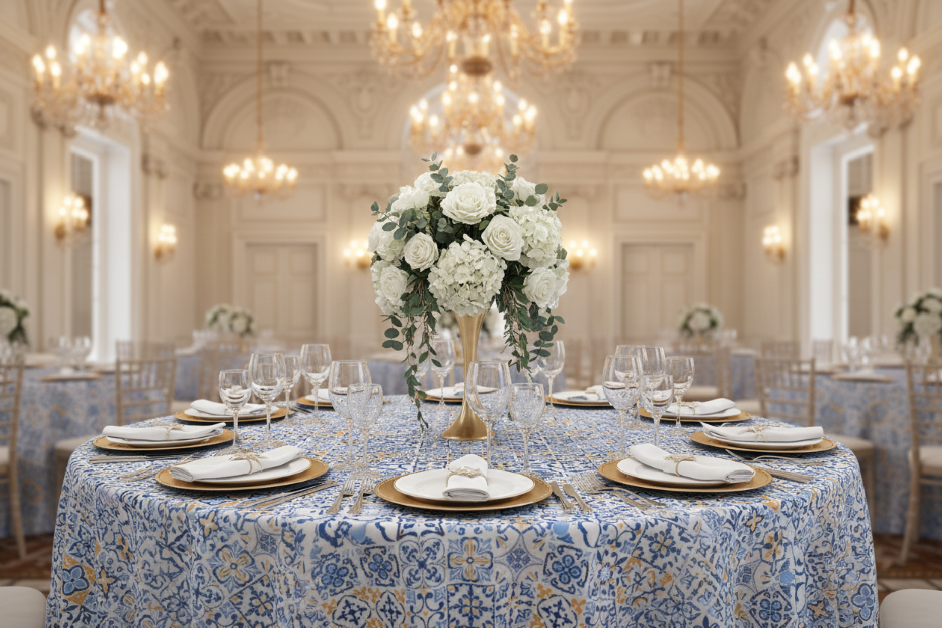 indoor mediterranean banquet with Morocco Mediterranean 120" Round Tablecloth