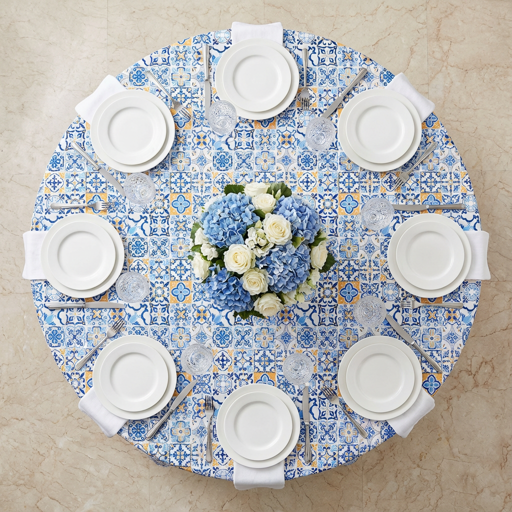 top view setup of Morocco Mediterranean 120" Round Tablecloth