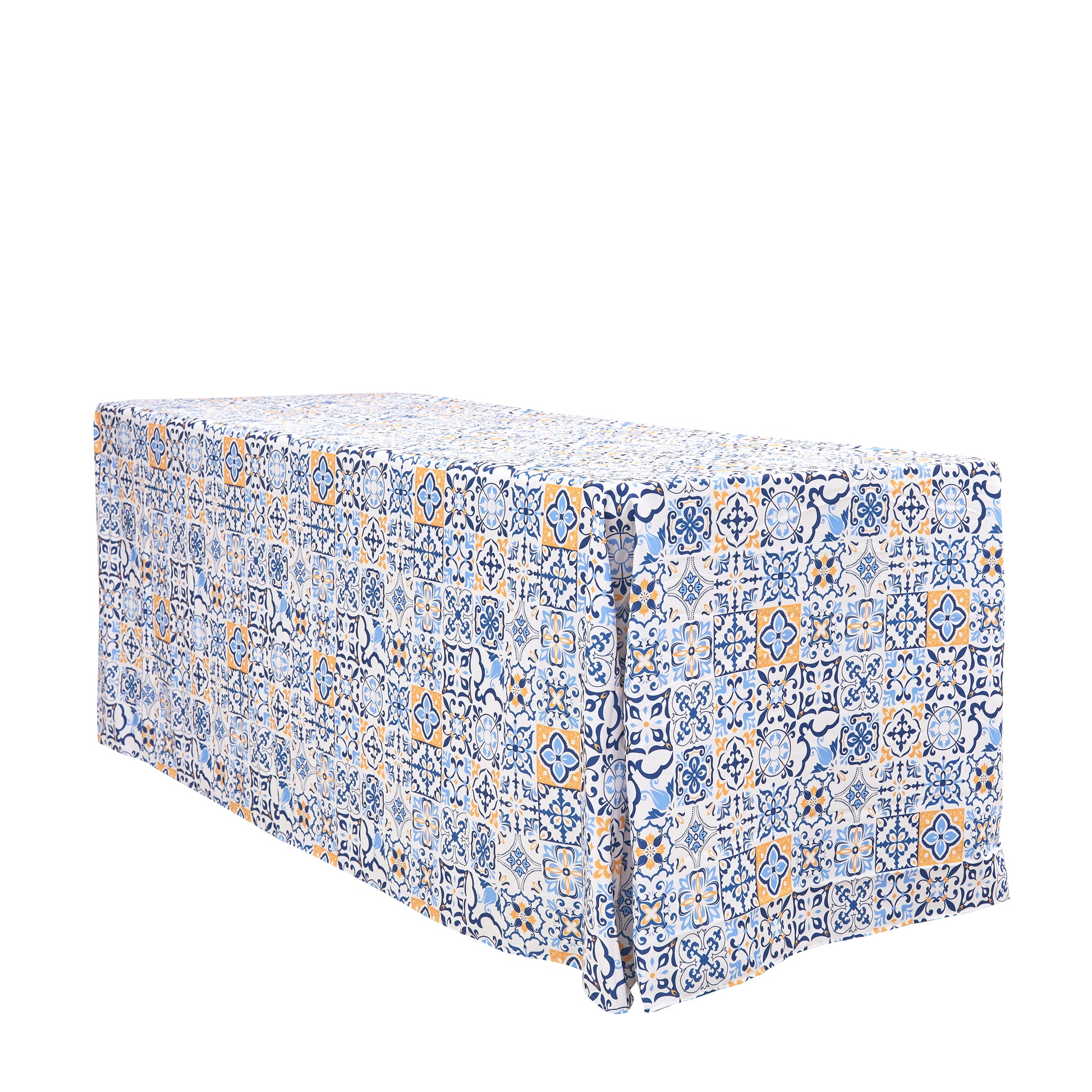 Morocco Mediterranean Print Rectangular Tablecloth 108"x156" angled view