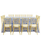 Morocco Mediterranean Print Rectangular Tablecloth 108"x156" with gold chiavari chairs