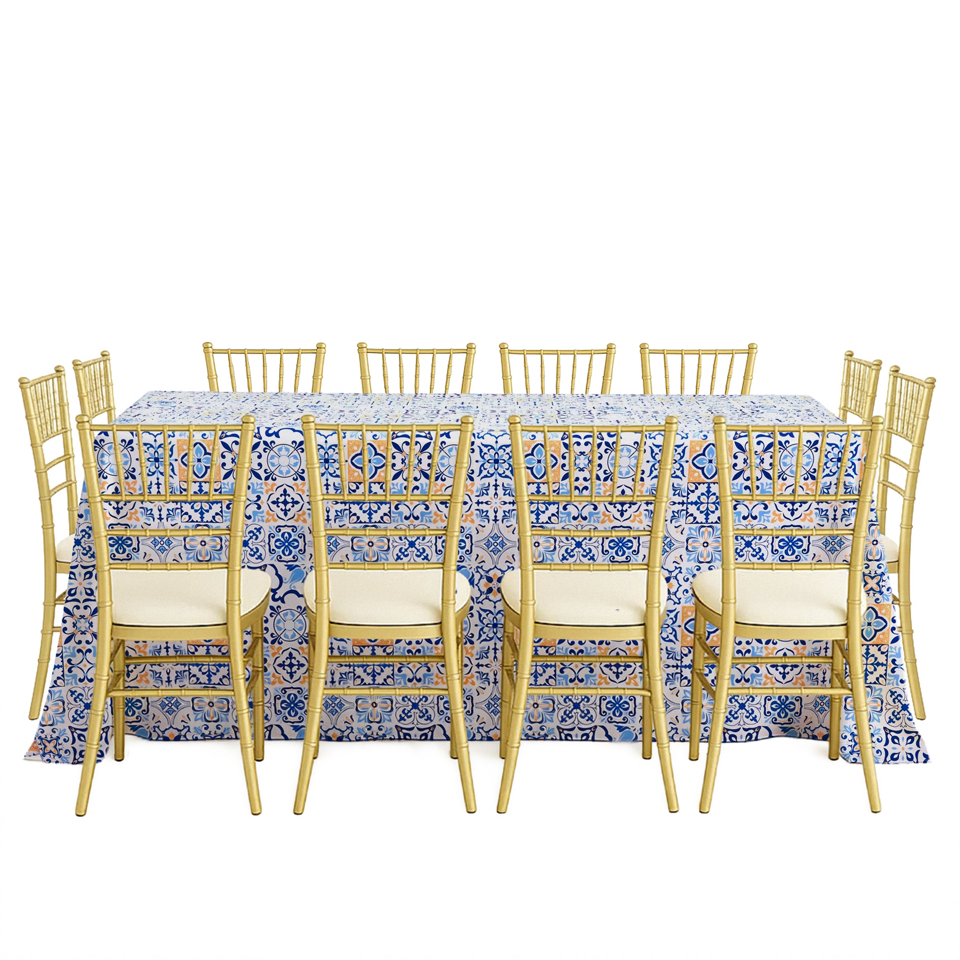 Morocco Mediterranean Print Rectangular Tablecloth 108"x156" with gold chiavari chairs