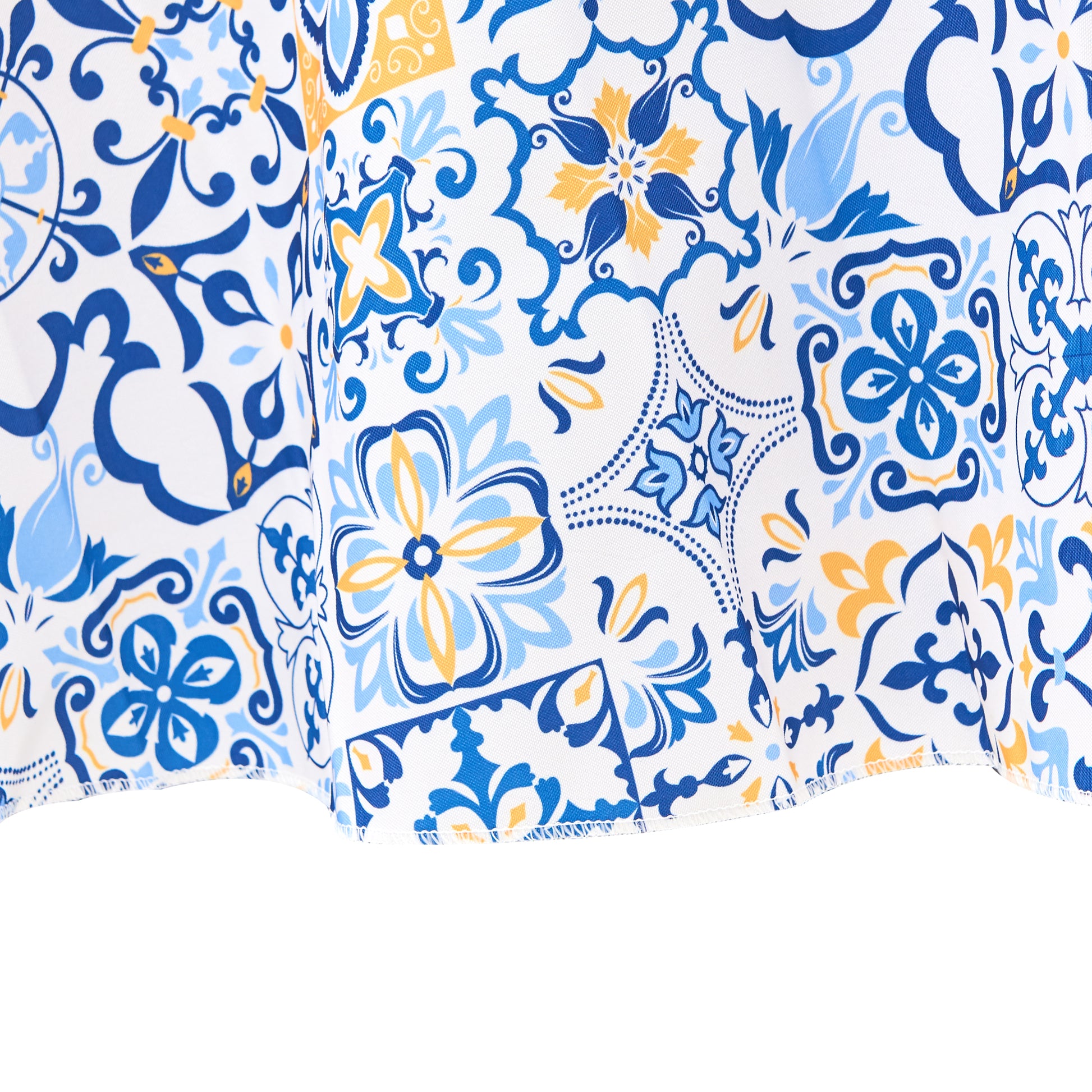 Morocco Mediterranean 120" Round Tablecloth patter and edge finish close up