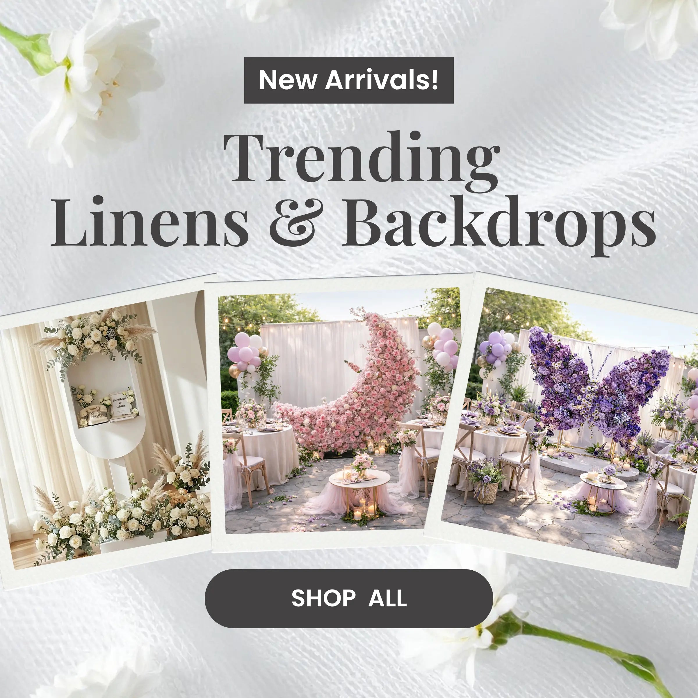 New Arrivals banner over Trending backdrops with linen decor and pastel floral wedding arrangements.