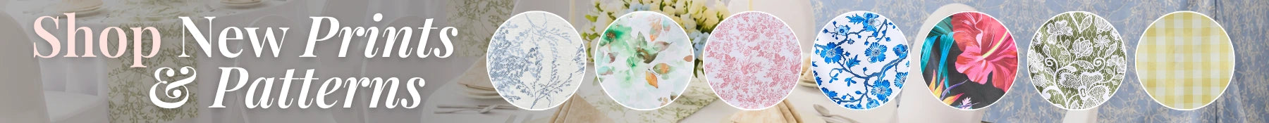 Shop new prints and patterns banner with pastel floral and geometric pattern swatches in circular frames.