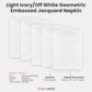 5 pcs/pk Embossed Geometric Jacquard Napkin 20"x20" Light Ivory/Off White infographic showing all five napkins and product details