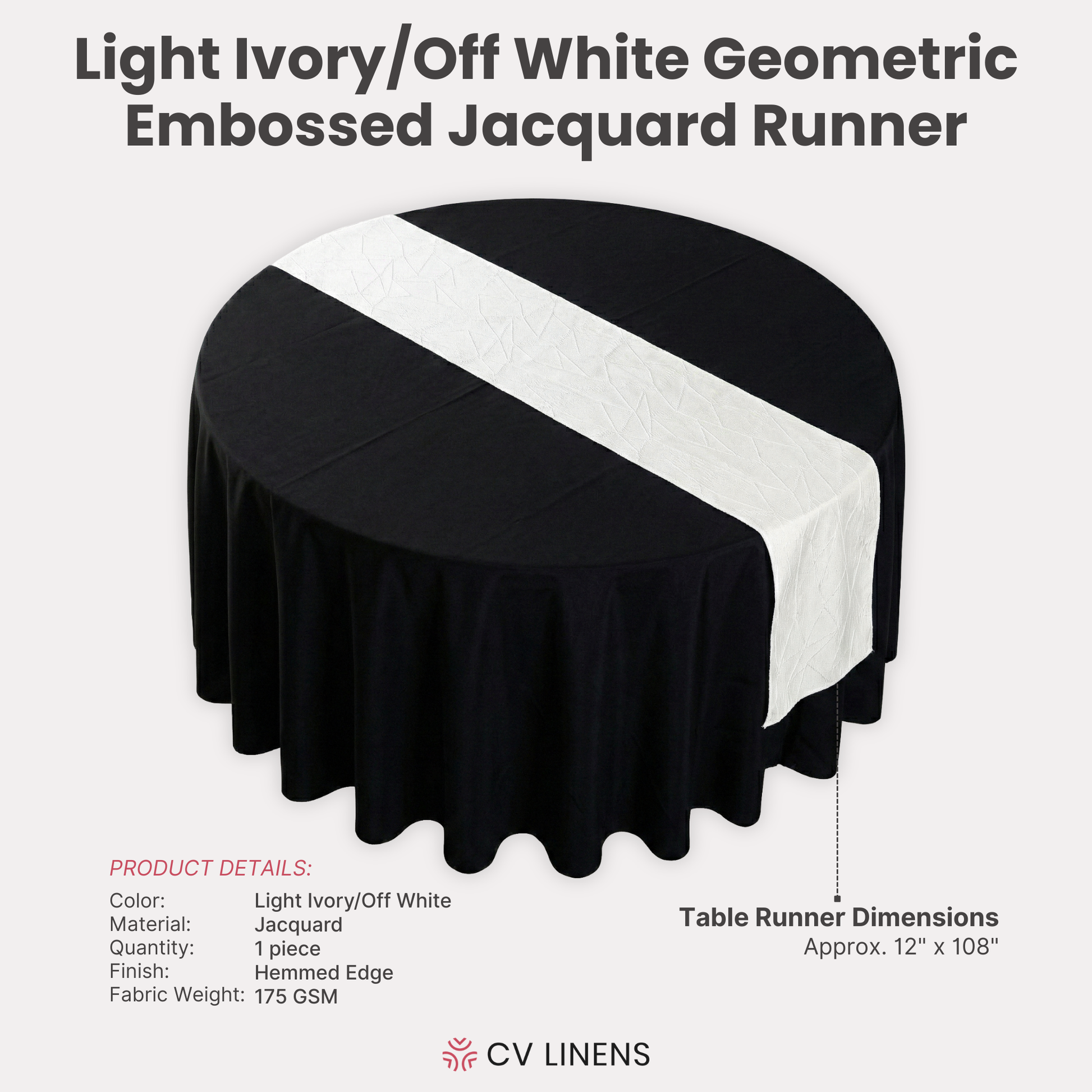 Embossed Geometric Jacquard Table Runner Light Ivory/Off White infographic showing product details
