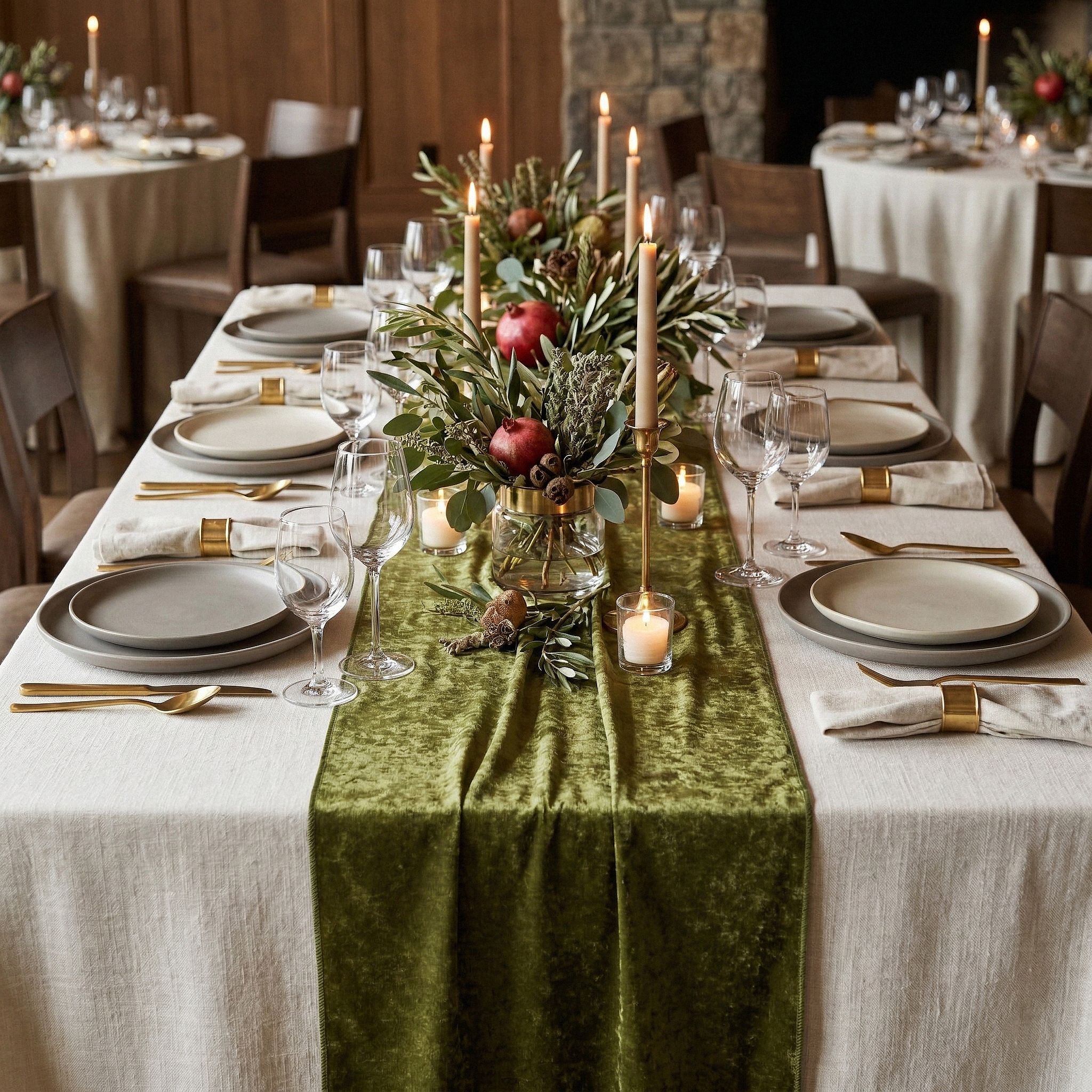 Velvet Table Runner Olive Green fall table seting