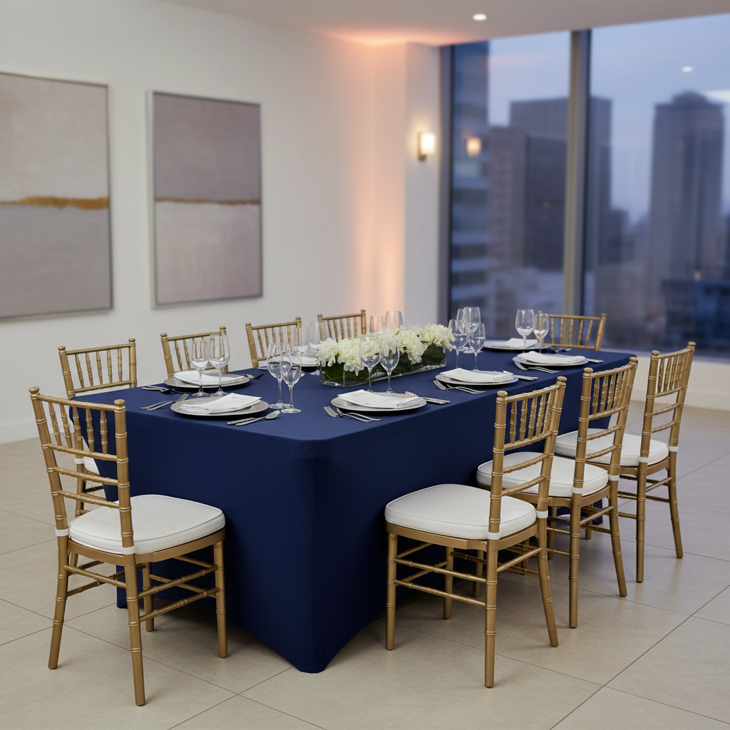 Open Back Stretch Spandex Table Cover 8 FT Rectangular - Navy Blue