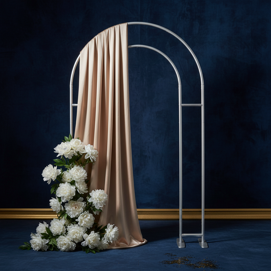 Open Center Wall Arched Backdrop Party Frame Stand with champagne fabric bolt and floral garland