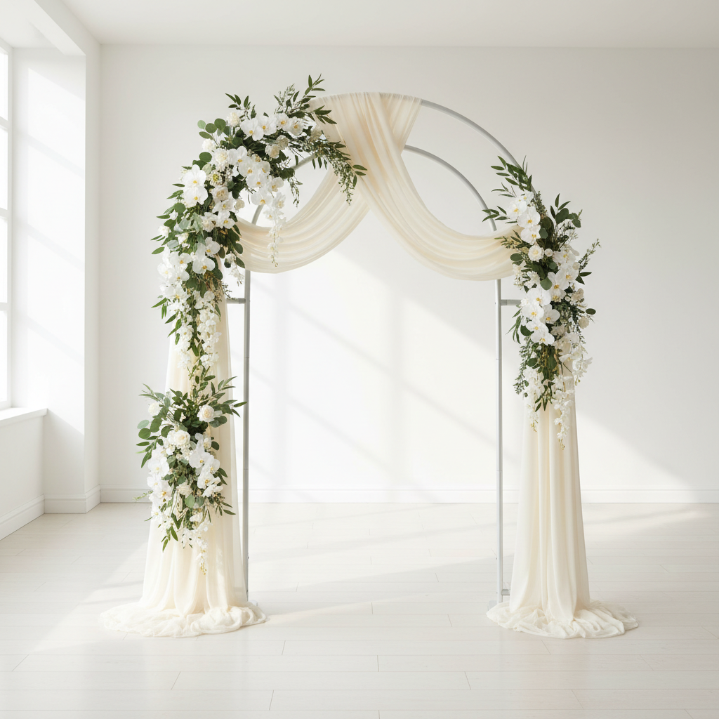 Open Center Wall Arched Backdrop Party Frame Stand with ivory fabric bolt and orchids 