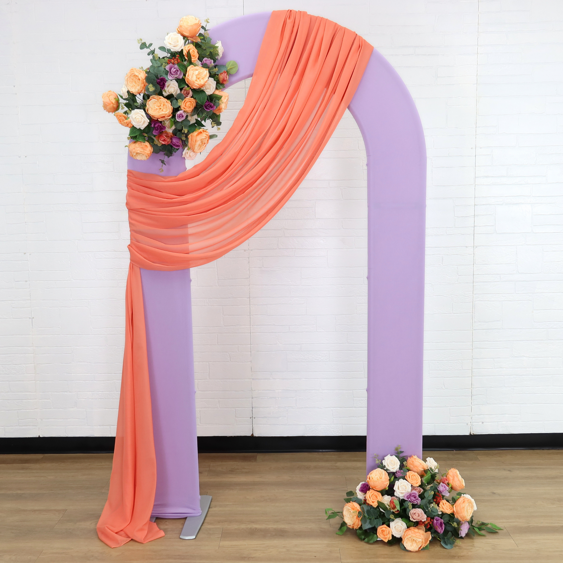 Open Center Wall Arched Backdrop Party Frame Stand with lavender spandex cover and coral chiffon curtain