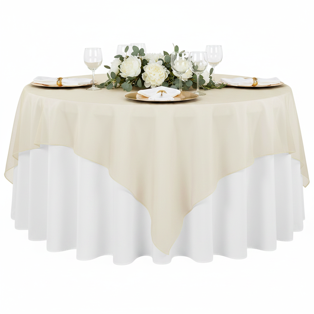 Organza 90"x90" Square Table Overlay - Champagne | charger plate | napkin | tablecloth | wine goblets |