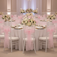 Organza Chair Sash - Pink on white chiavari chair | white tablecloth | gold charger plate | flower centerpiece 