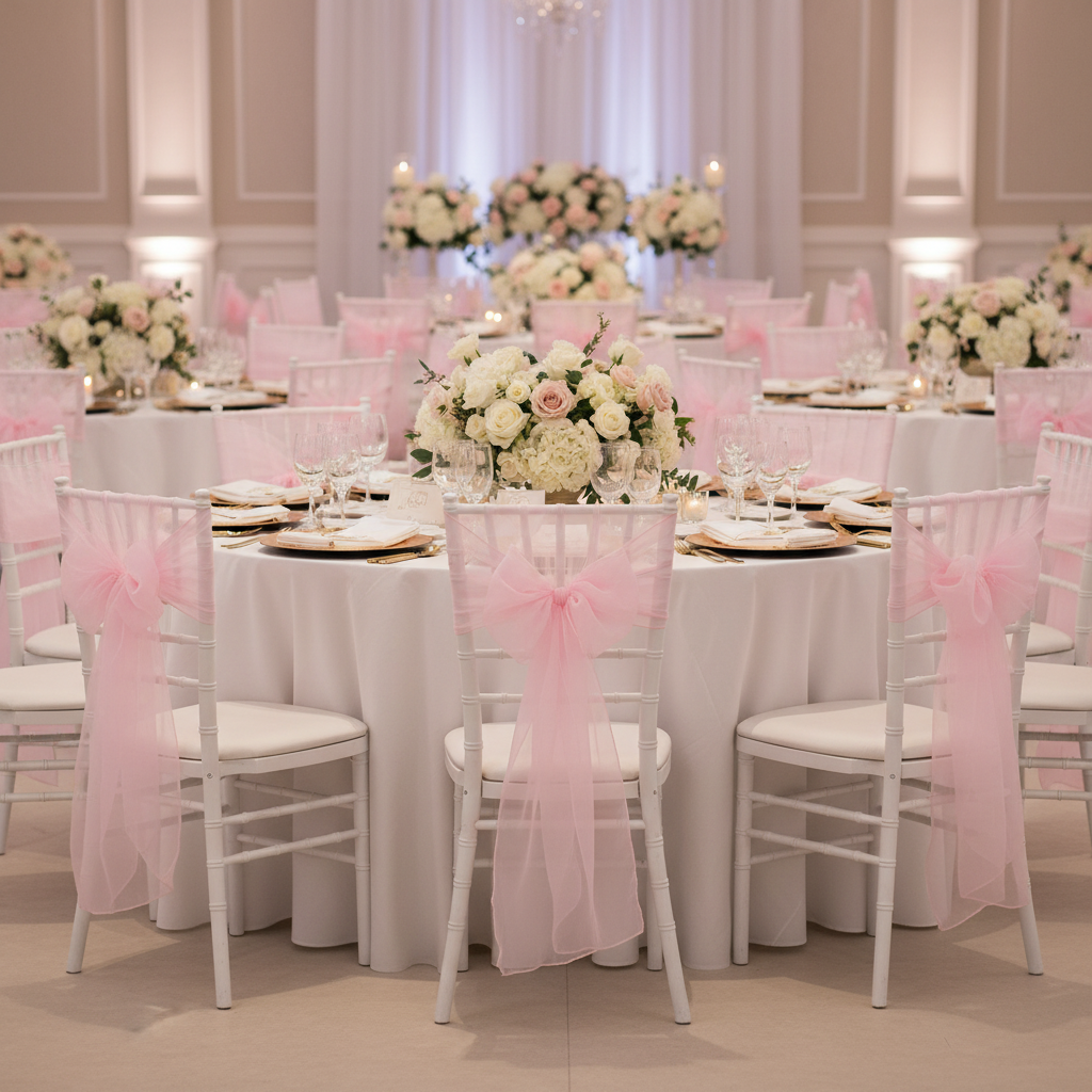Organza Chair Sash - Pink on white chiavari chair | white tablecloth | gold charger plate | flower centerpiece 