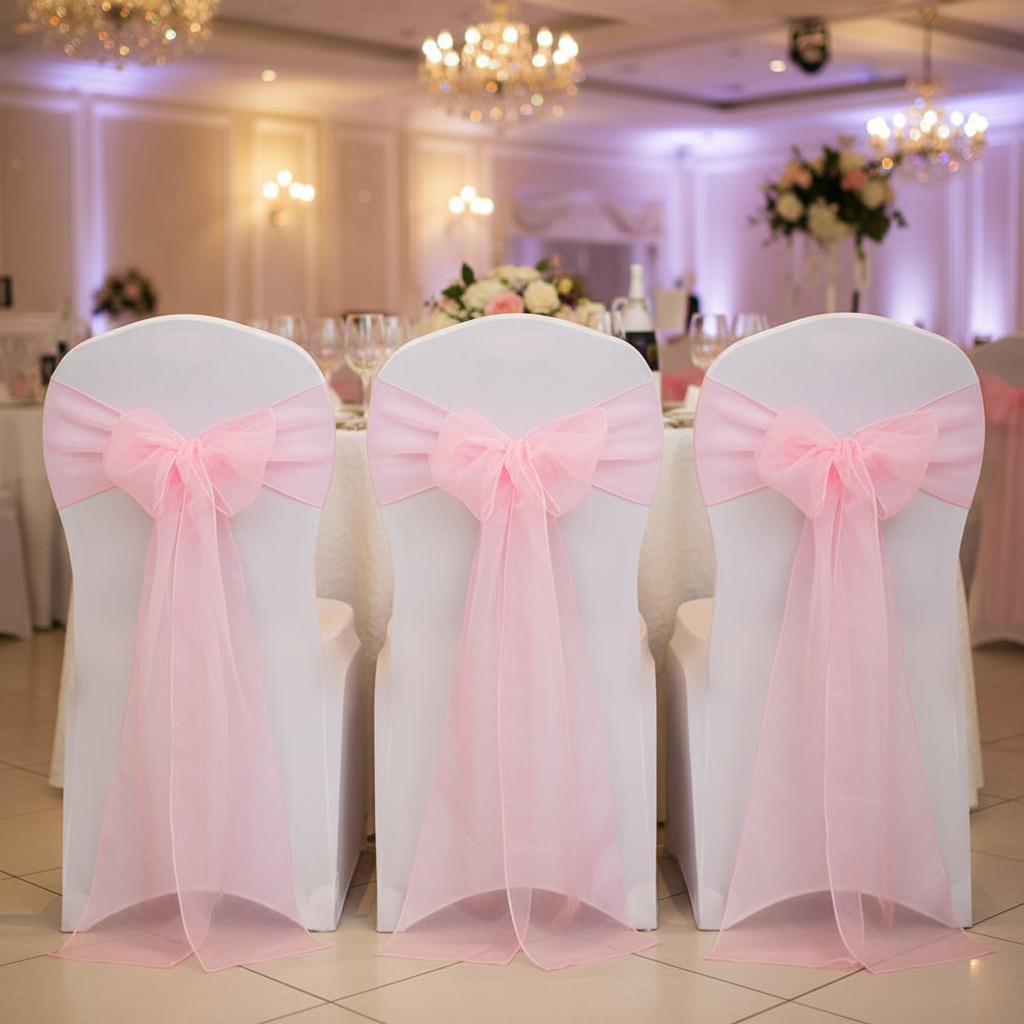 Organza Chair Sash - Pink on white banquet chair cover |centerpieces