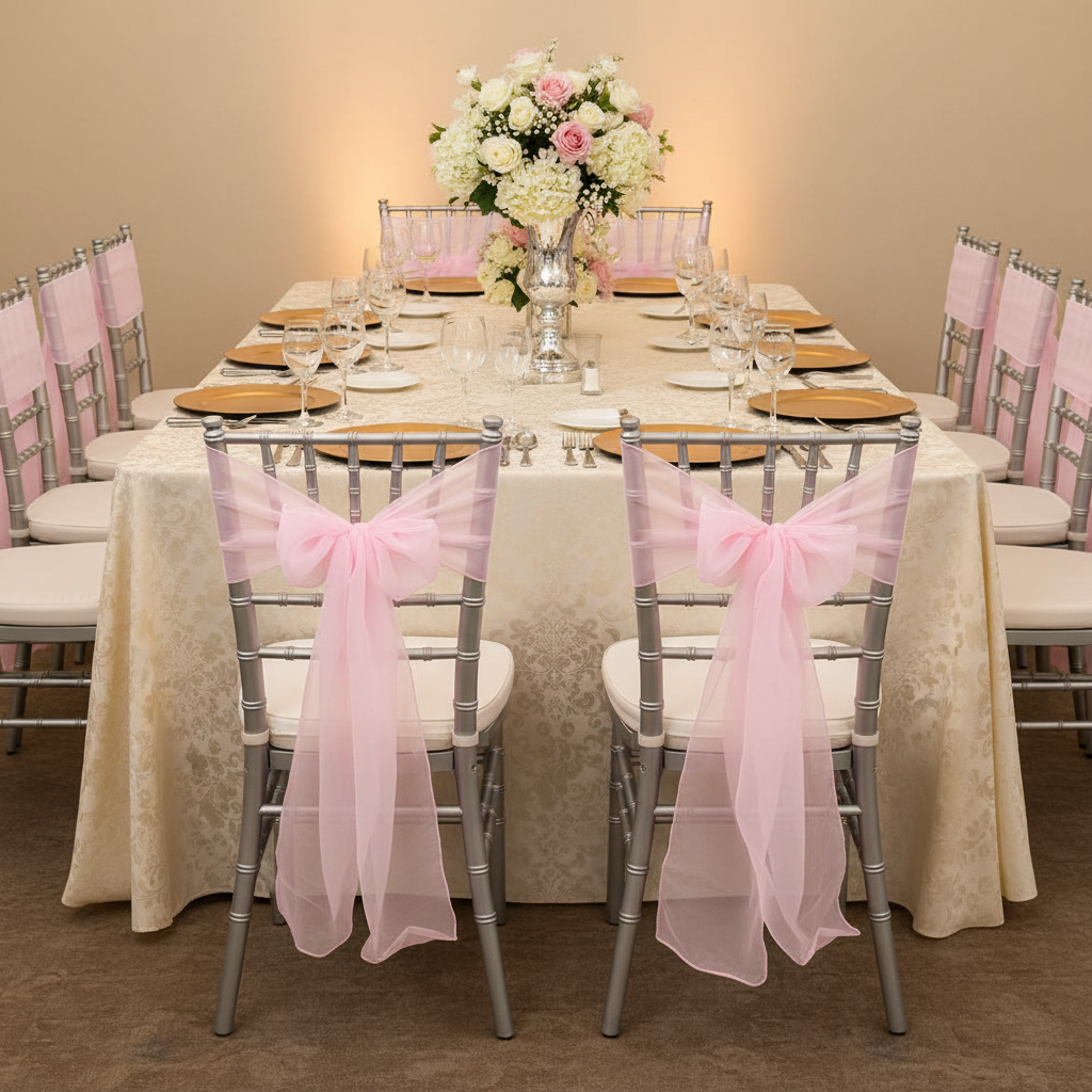 Organza Chair Sash - Pink on chiavari chair | gold charger plate | wine goblets | flower centerpieces