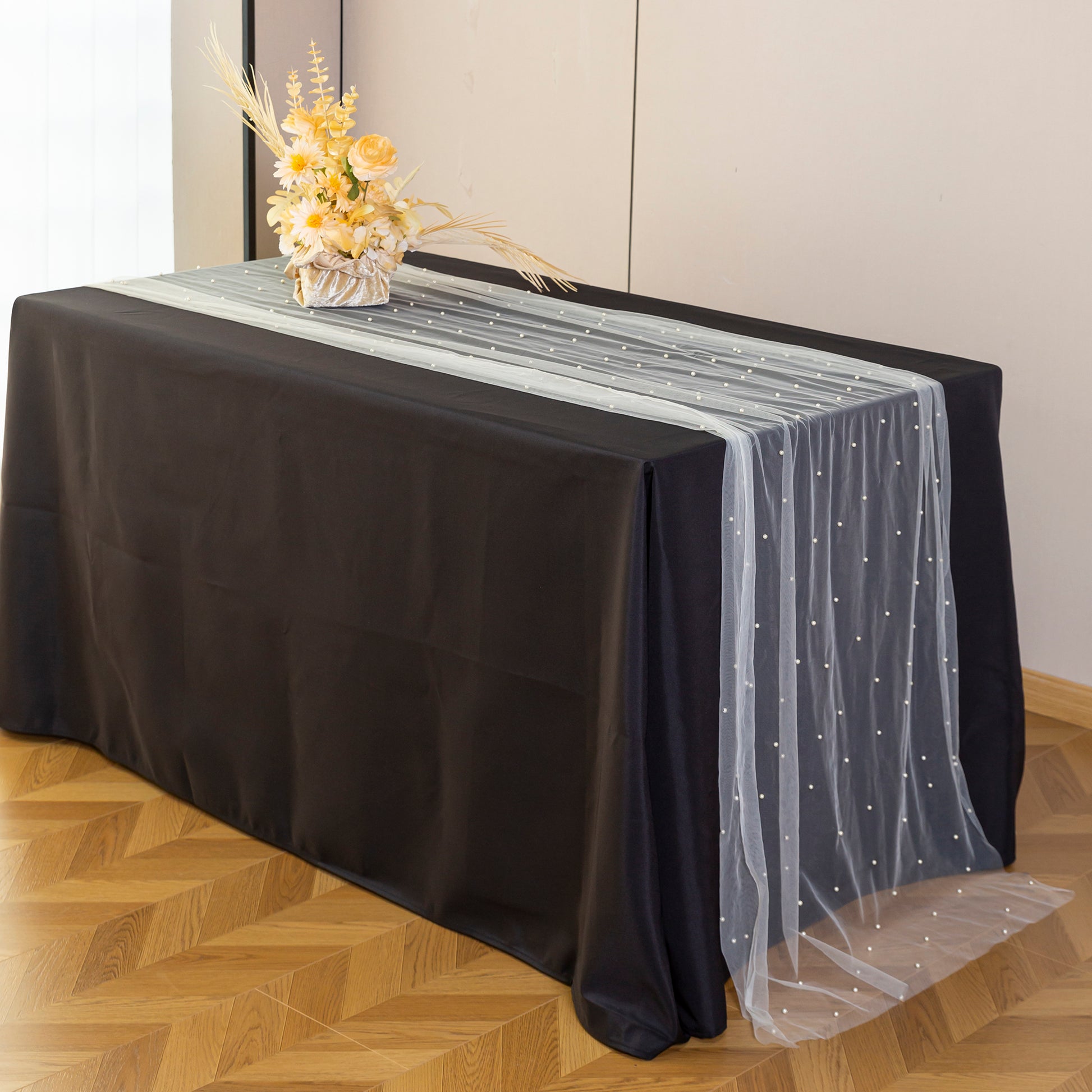 Pearl Tulle Table Runner 30" x 120" White on top a black tablecloth
