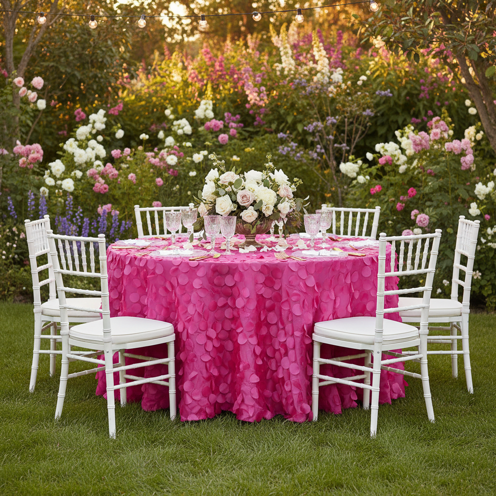 Petal-Circle-Taffeta-132-Round-Tablecloth-Fuchsia | charger plate | napkin | dinner plate | wine goblet |