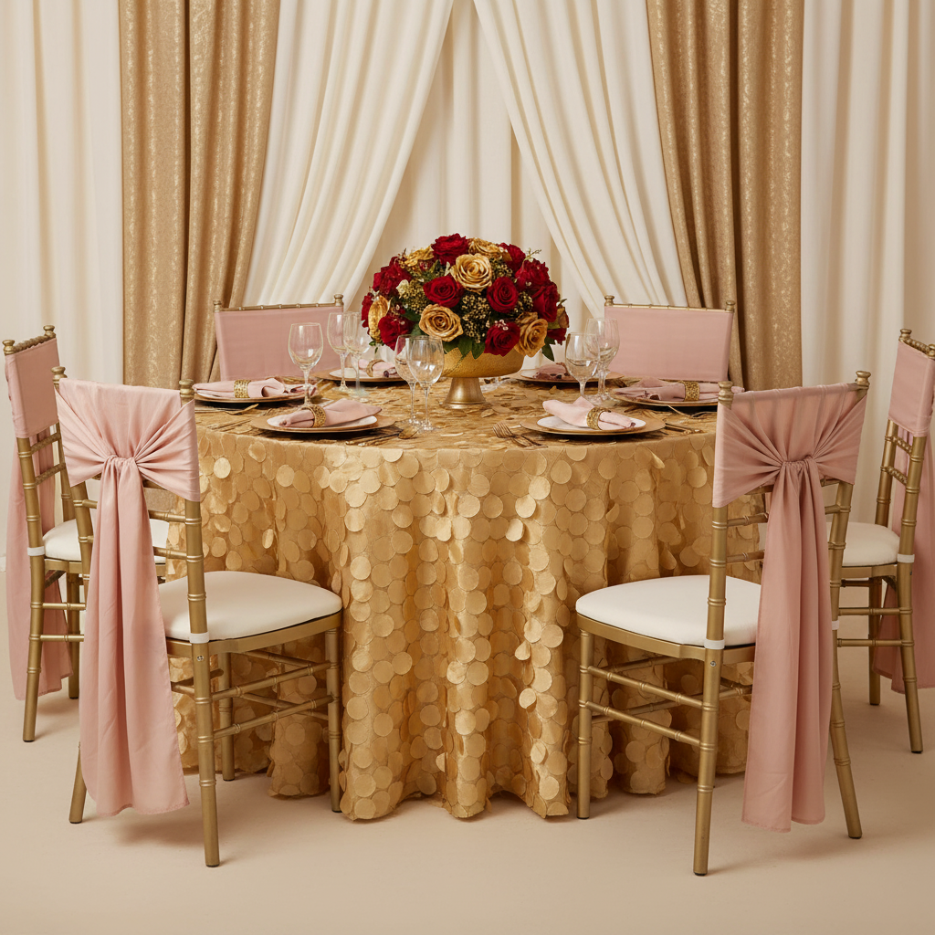 Petal Circle Taffeta Round 120" Tablecloth - Gold with gold charger plate | blush napkin | gold chiavari | blush chair sash tie |