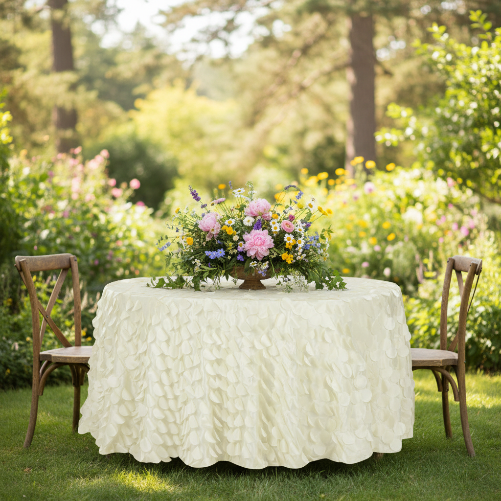 Petal Circle Taffeta Round 120" Tablecloth - Ivory with flower centerpiece for outdoor setup