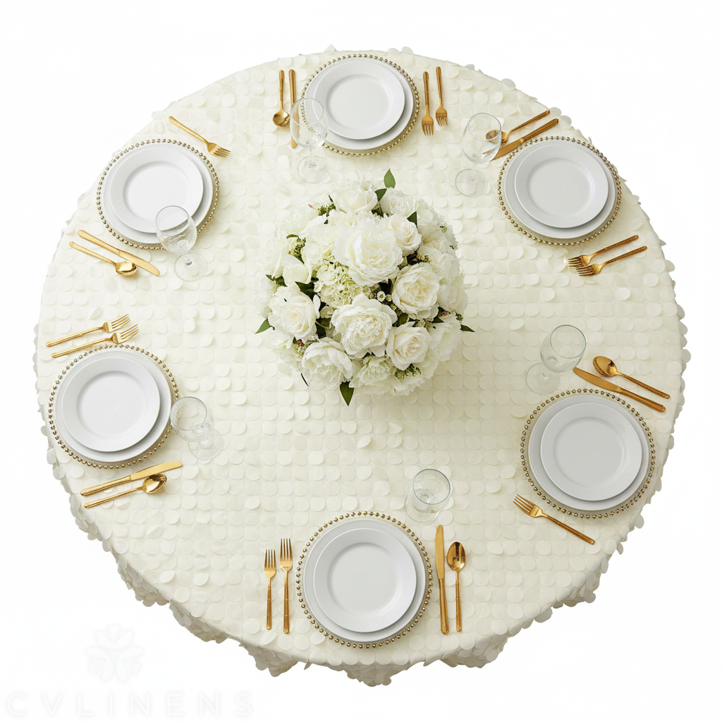 Petal Circle Taffeta Round 120" Tablecloth - Ivory with beaded charger plate | white dinner plate | wine goblets