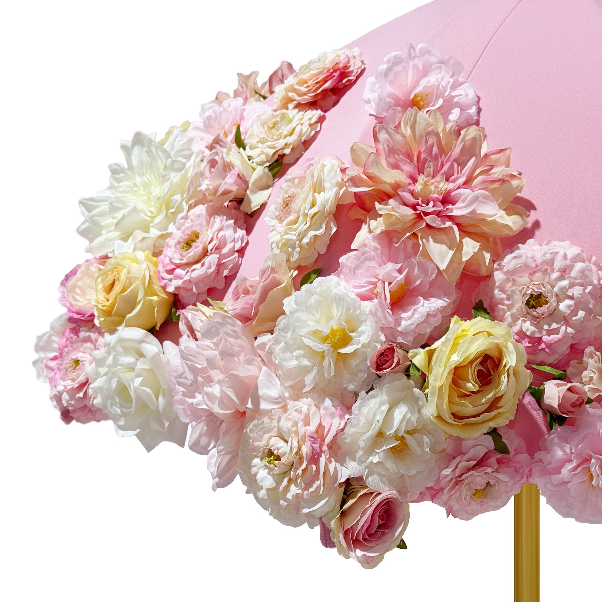 Pink Artificial Floral on Spandex Cover for Umbrella Centerpiece Stand close up