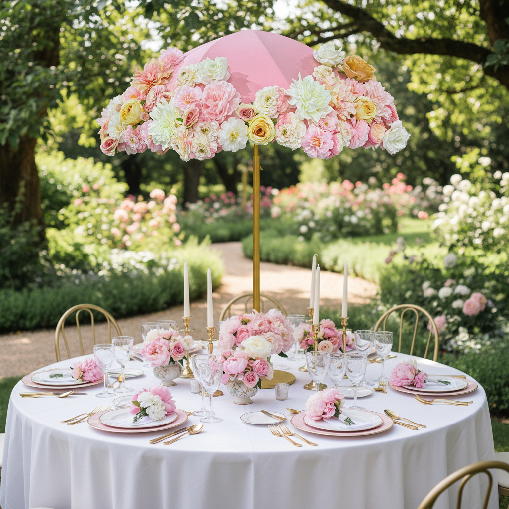 garden table setting with the Pink Artificial Floral on Spandex Cover for Umbrella Centerpiece Stand on top of a white round tablecloth
