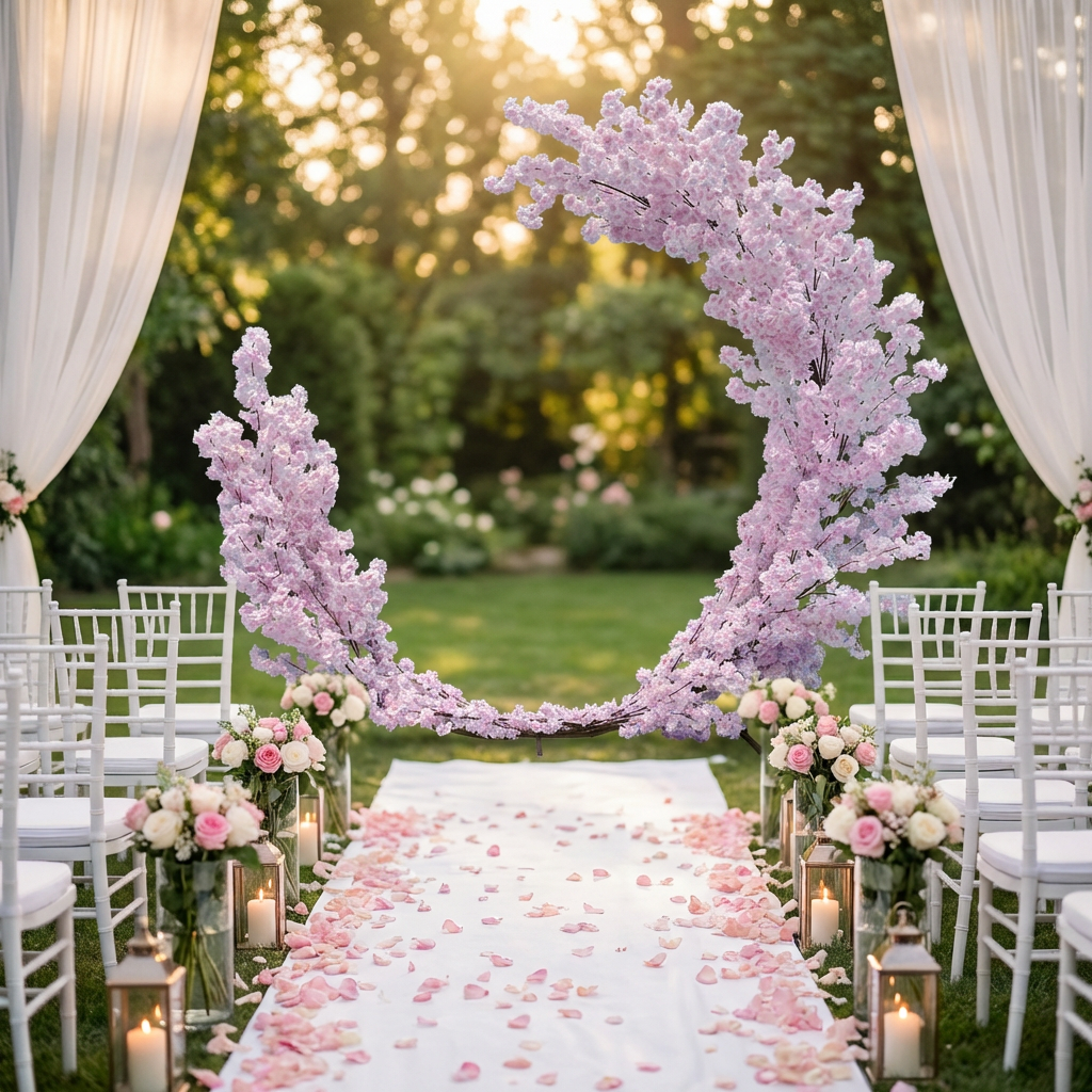 Pink Cherry Blossom Crescent Arch Backdrop wedding altar with white aisle runner and rose petals