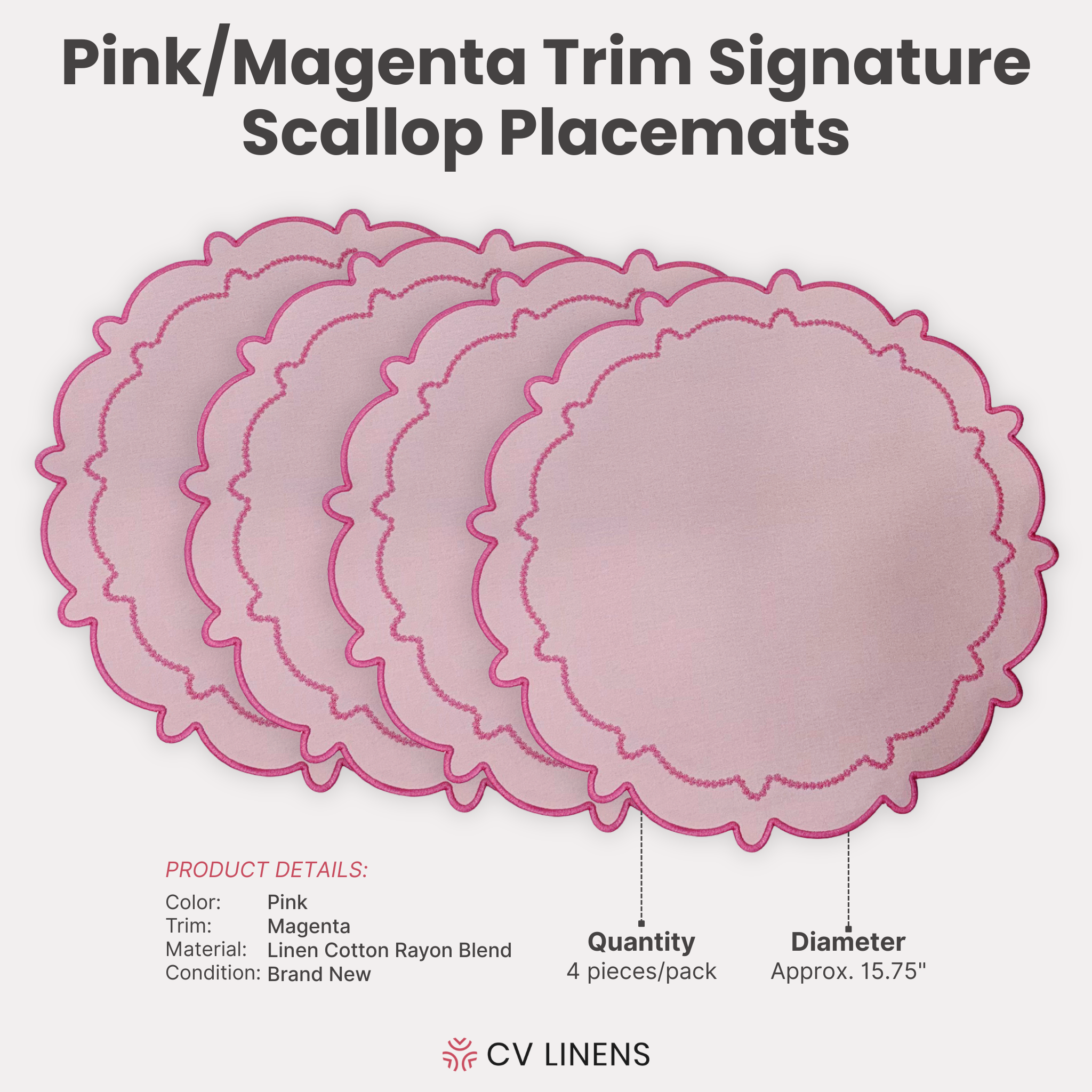 4pc/set Signature Scallop Placemats Pink/Magenta Trim infographic