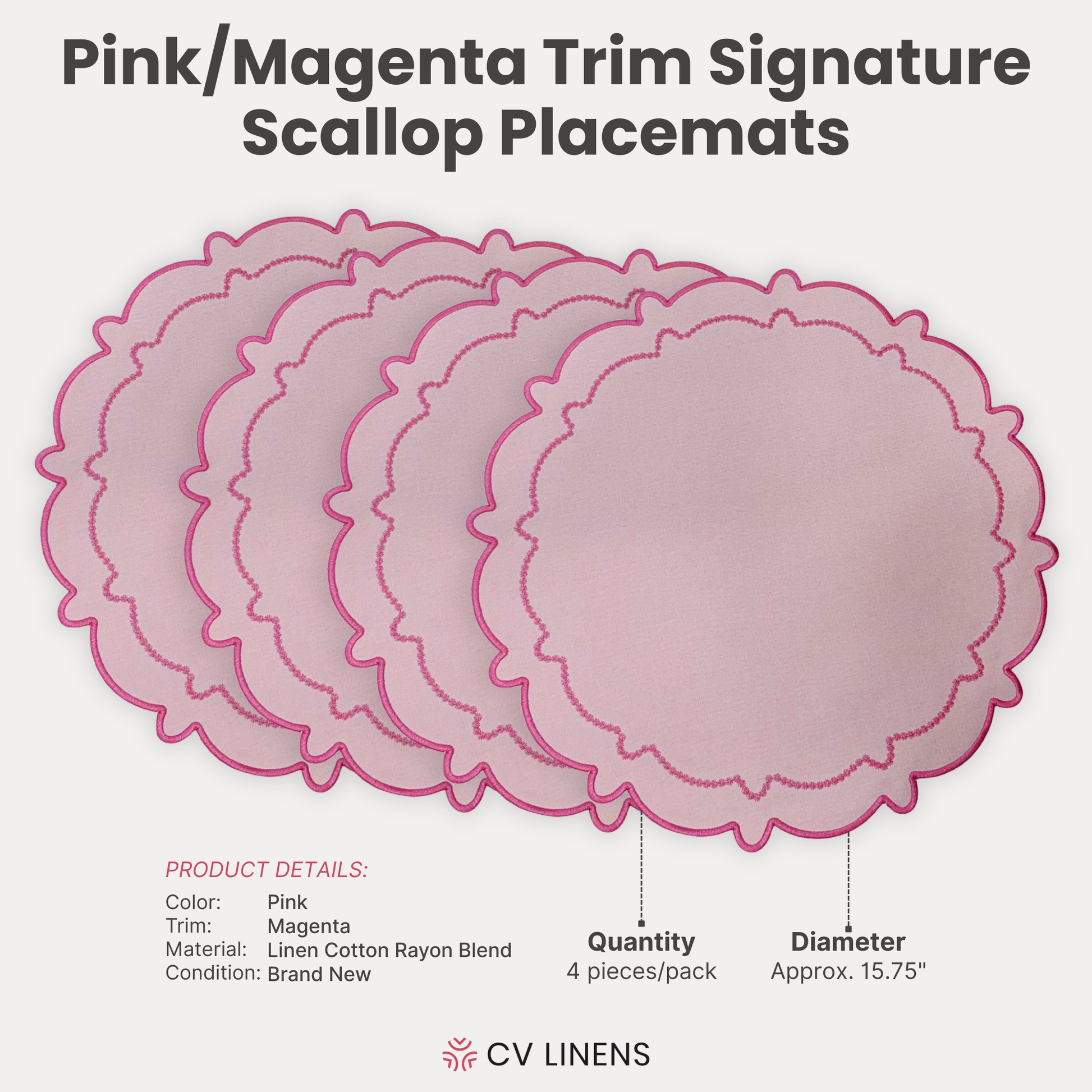 4pc/set Signature Scallop Placemats Pink/Magenta Trim infographic