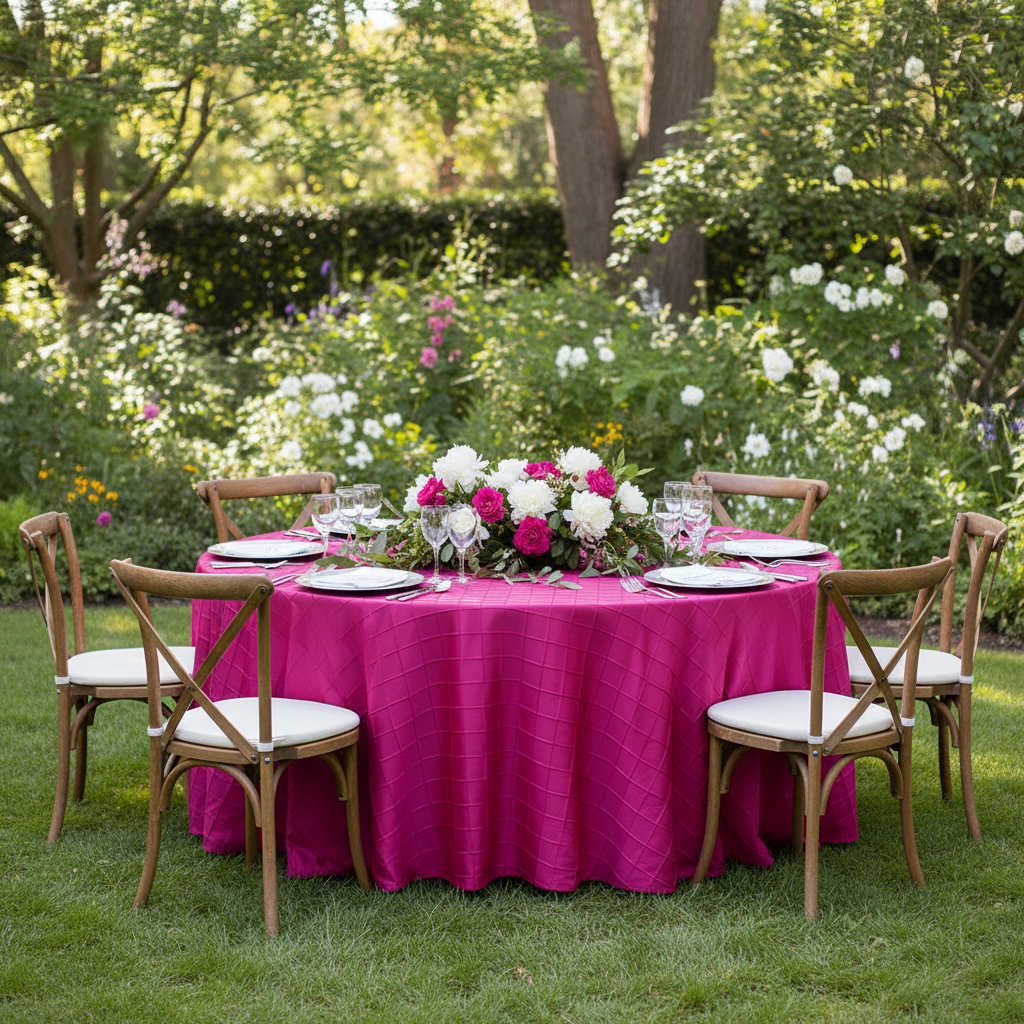 Pintuck 120" Round Tablecloth - Fuchsia with silver charger plate | white dinner plate | wine goblets | flower centerpiece for bridal shower