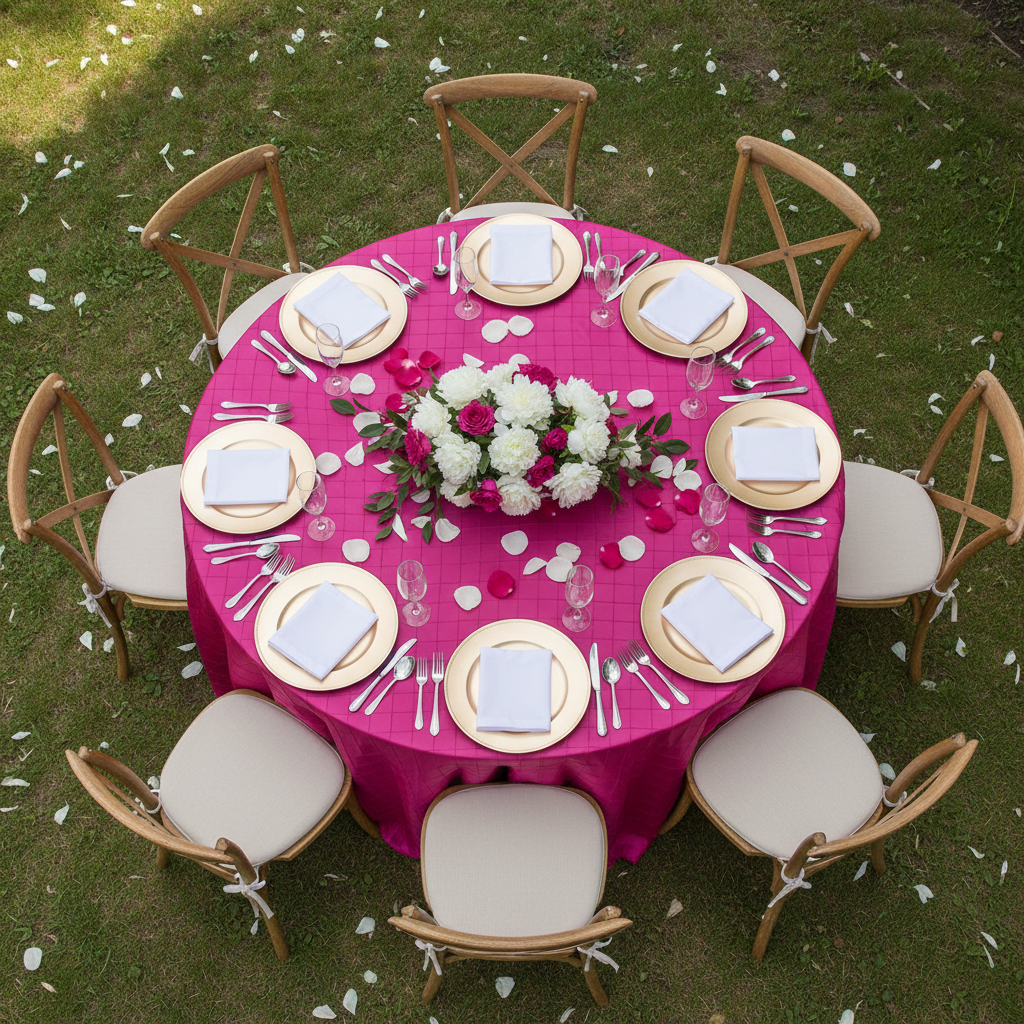 Pintuck 120" Round Tablecloth - Fuchsia with gold charger plate | white dinner plate | white napkin |wine goblets | flower centerpiece for bridal shower
