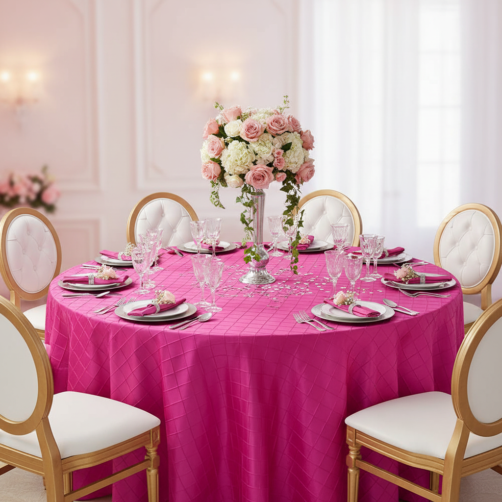 Pintuck 120" Round Tablecloth - Fuchsia with silver charger plate | white dinner plate | fuchsia napkin |wine goblets | flower centerpiece for quinceanera