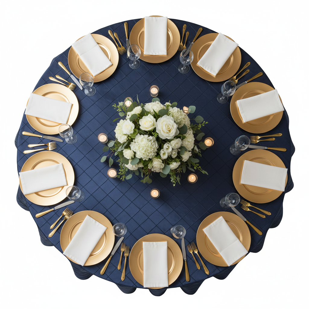 top view of Pintuck 120" Round Tablecloth - Navy Blue