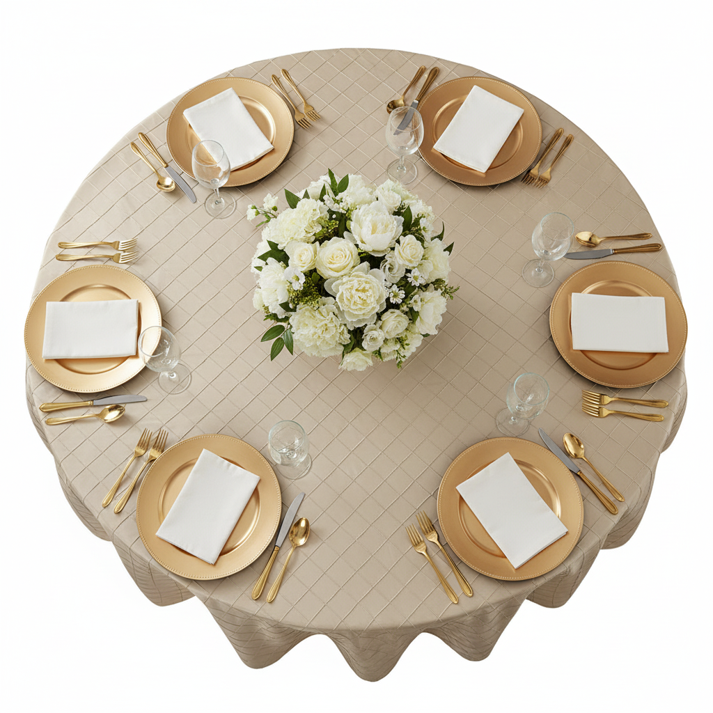 Pintuck 132" Round Tablecloth - Champagne with gold charger plate | white napkin | 