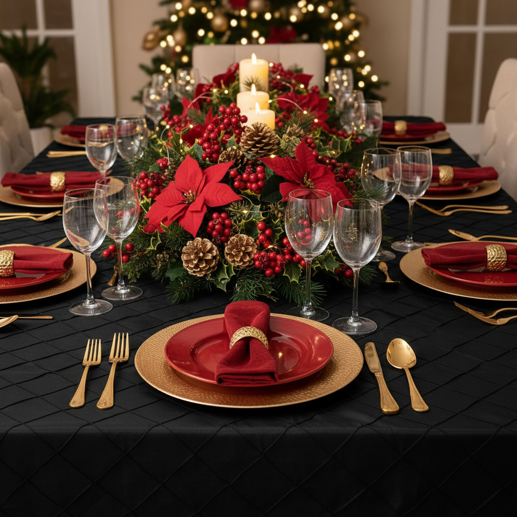 Pintuck 90"x132" Rectangular Tablecloth - Black | charger plate | dinner plate | wine goblet | flower premade runner | 
