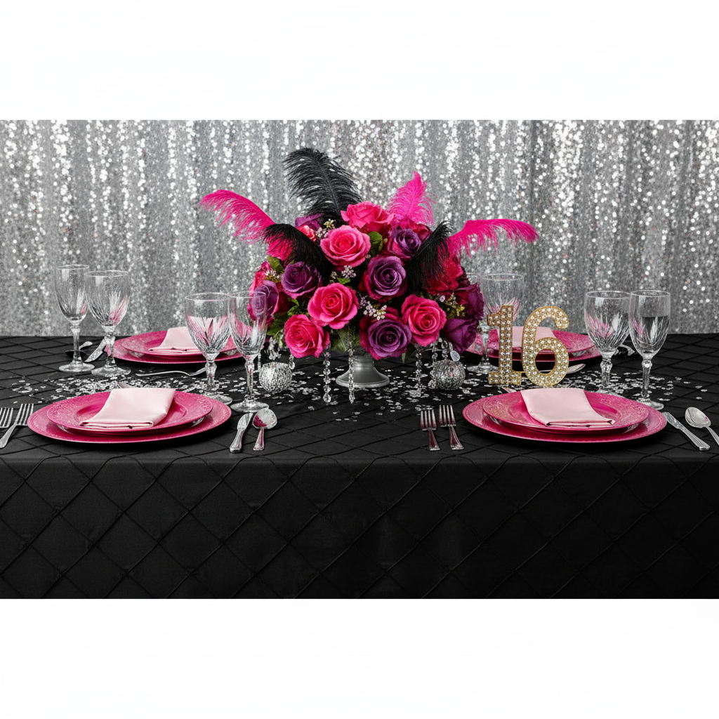 Pintuck 90"x132" Rectangular Tablecloth - Black | charger plate | dinner plate | wine goblet |