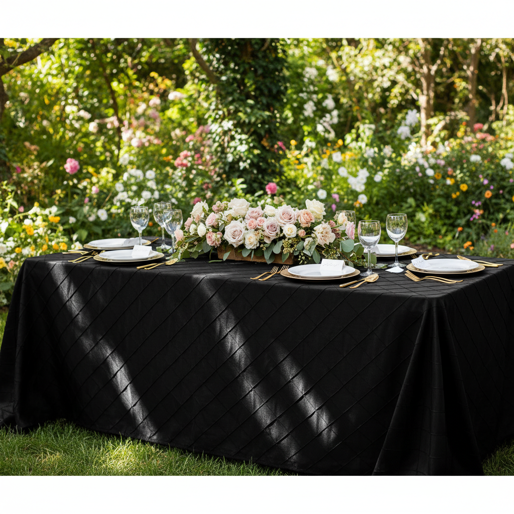 Pintuck 90"x132" Rectangular Tablecloth - Black | charger plate | dinner plate | wine goblet | flower premade runner | 