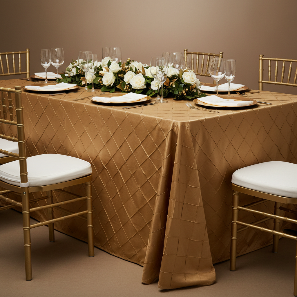 Pintuck 90"x132" Rectangular Tablecloth - Gold for charity gala with gold charger plate | white napkin | gold chiavari chair 