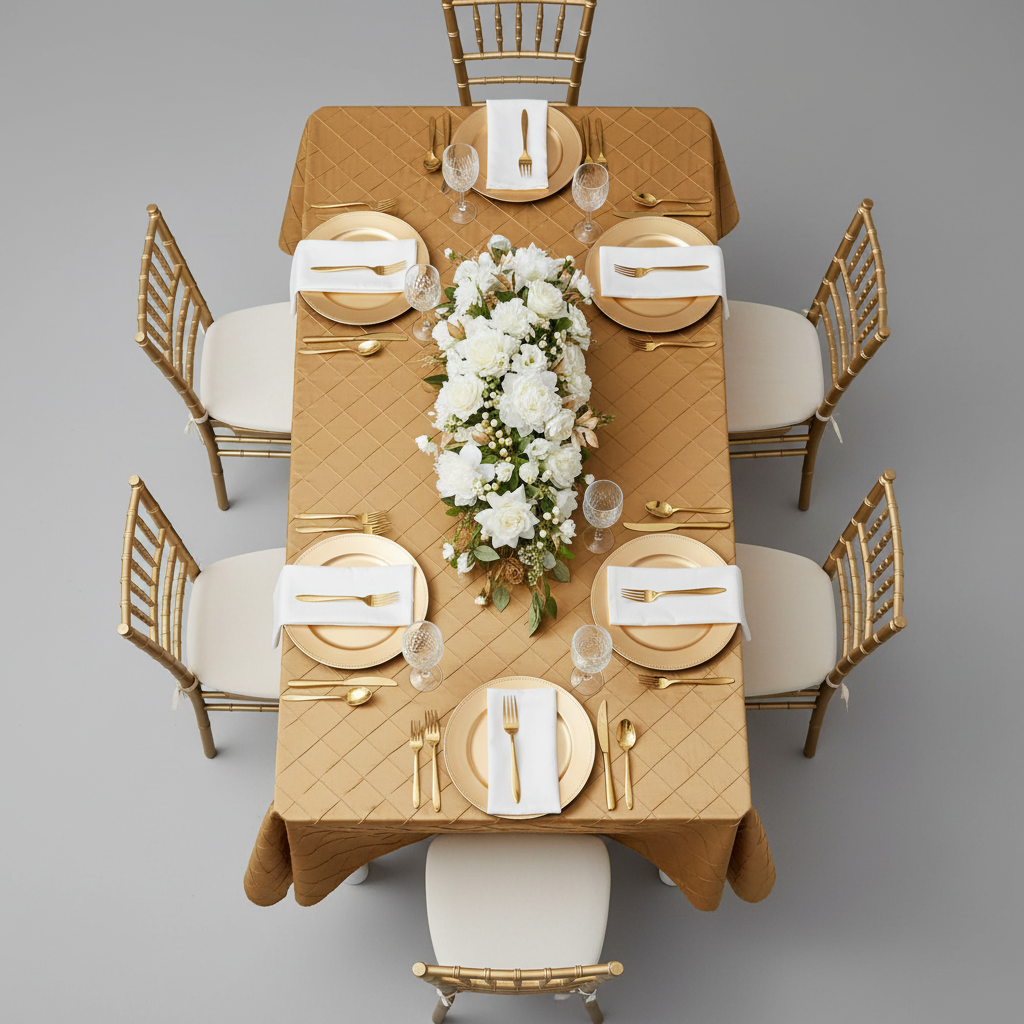 Pintuck 90"x132" Rectangular Tablecloth - Gold for charity gala with gold charger plate | white napkin | gold chiavari chair 