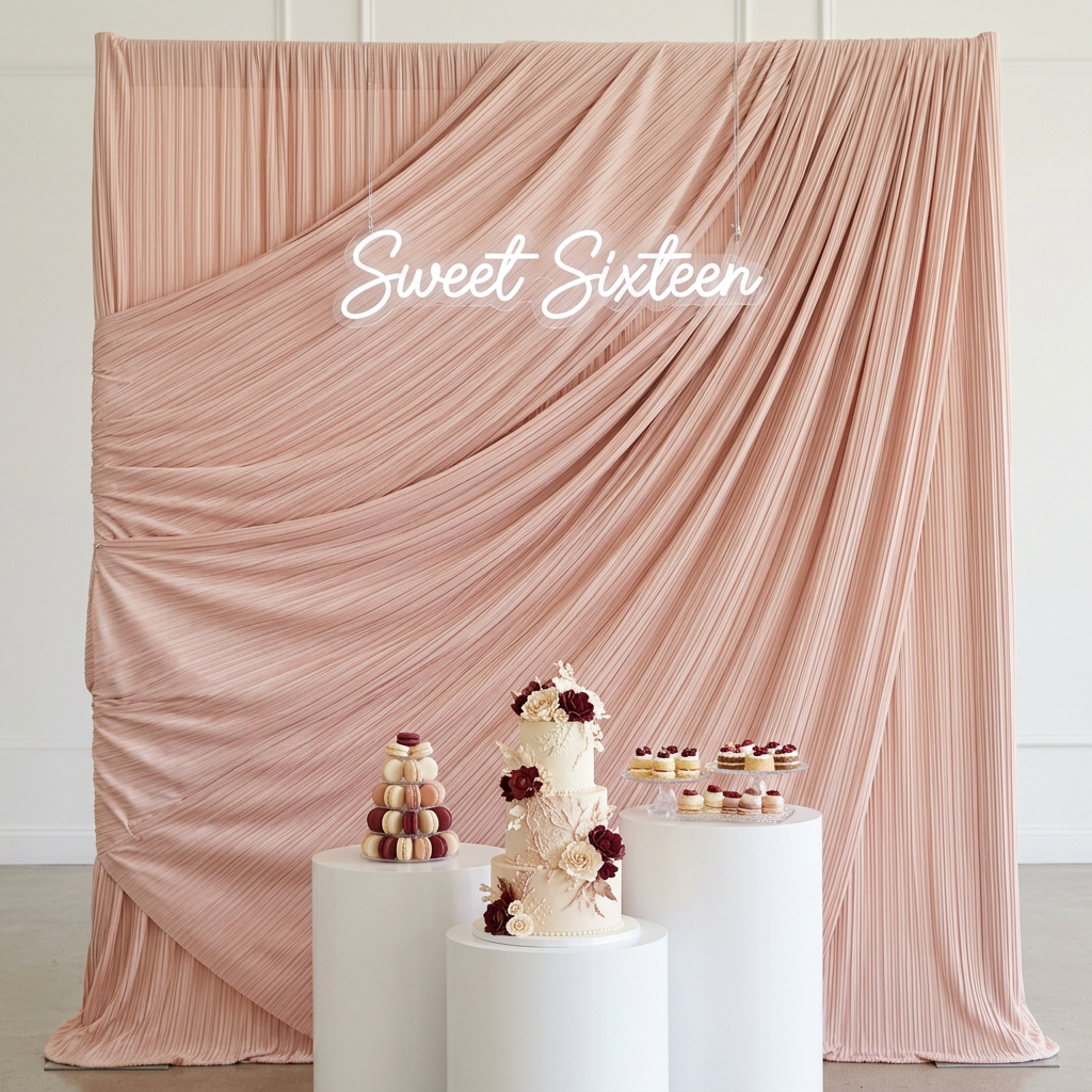 Blush pleated backdrop with Sweet sixteen neon